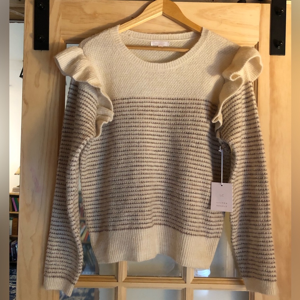 LC Lauren Conrad Cream and Gray Striped Sweater